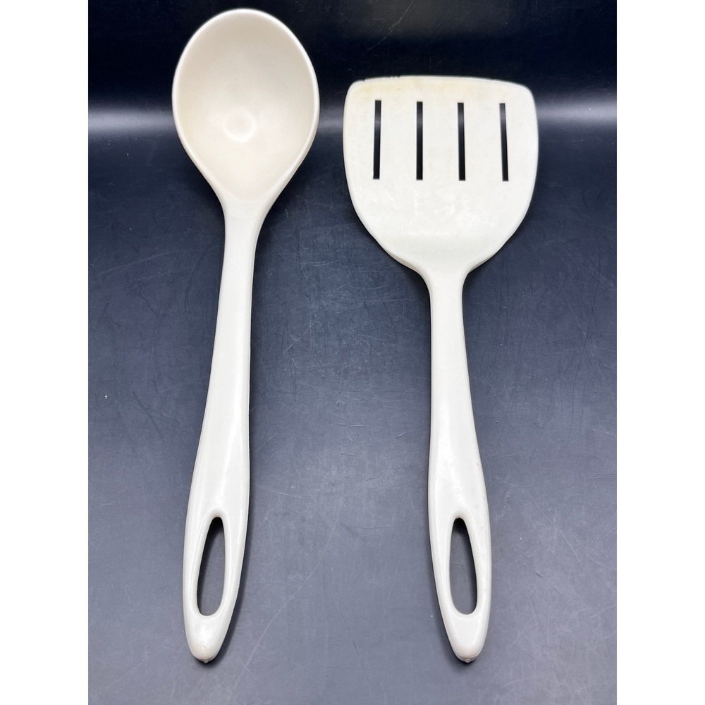 Vtg‎ Plastic Nylon Kitchen Utensil Set Cream Ladle Slotted Spatula MCM As Is